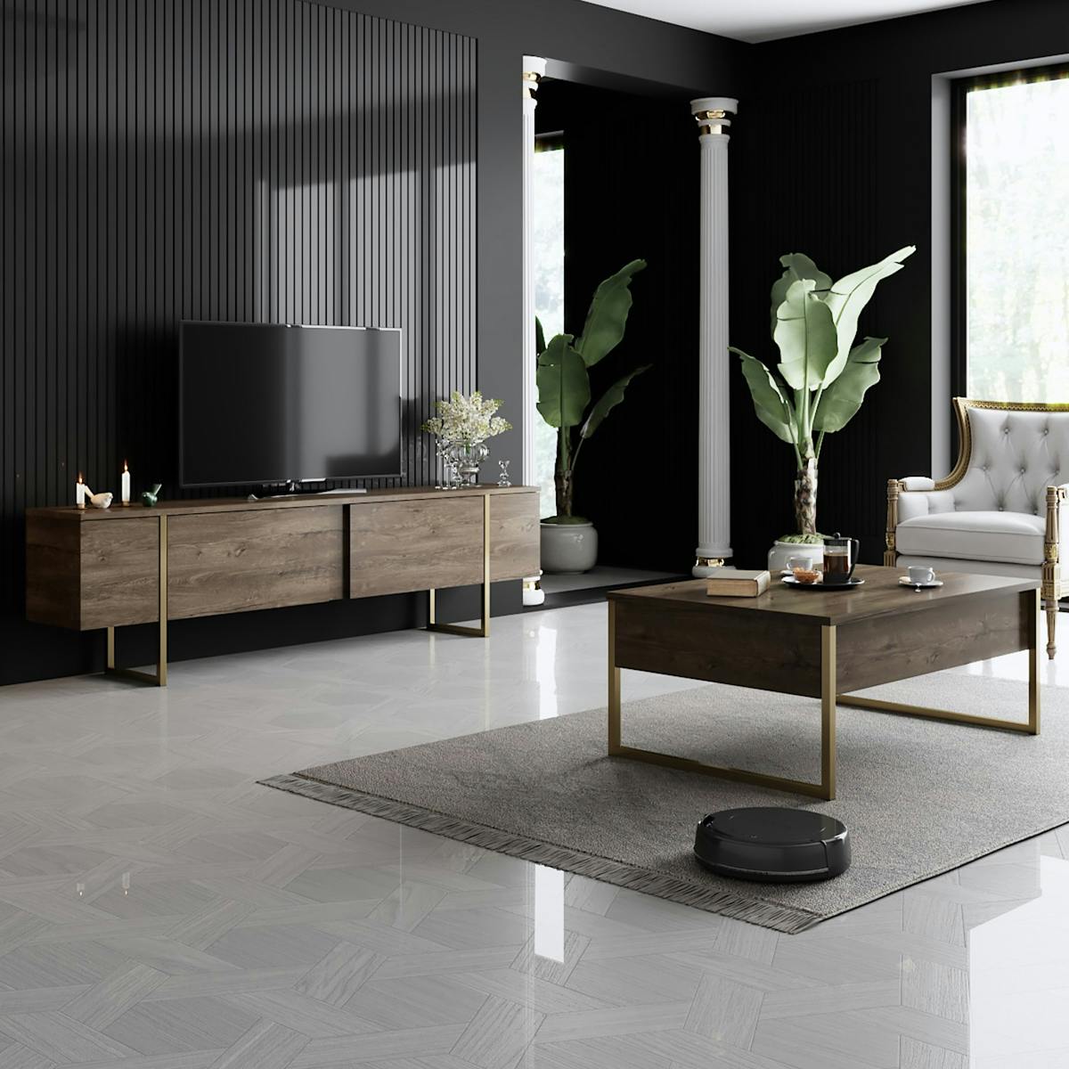 Table basse rectangulaire pieds dorés JENA noyer, PIER IMPORT