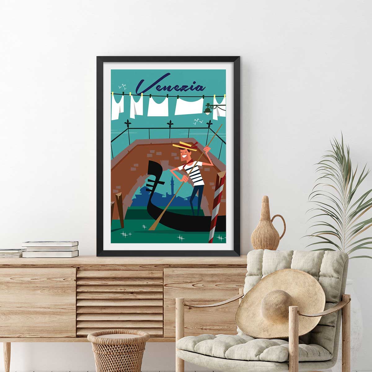 Affiche Gondole à Venise affiche + cadre en bois - noir, HEXOA