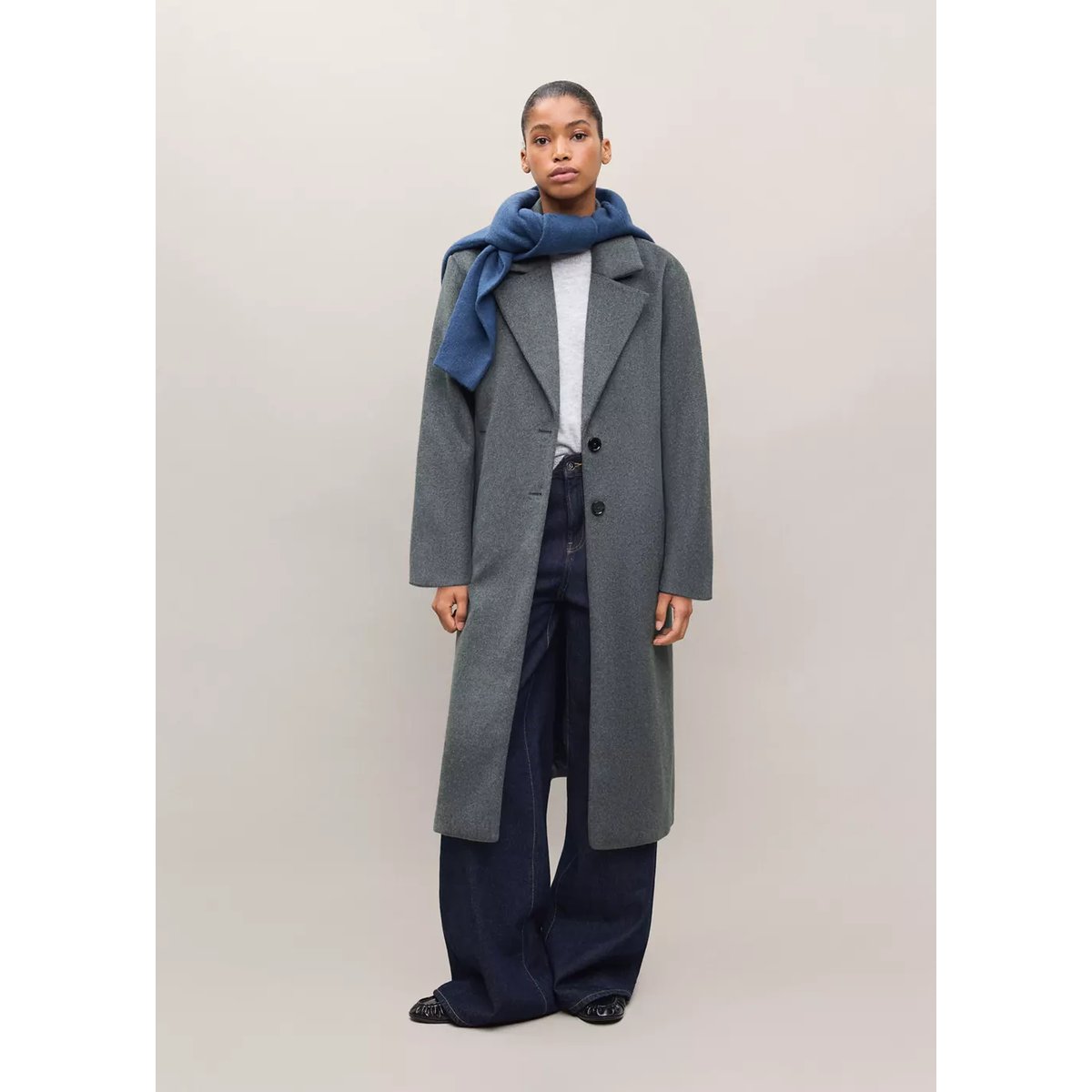 Manteau long en laine gris chiné moyen, MANGO TEEN