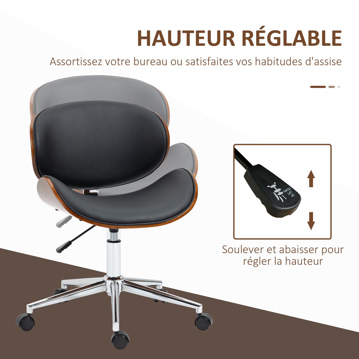 Chaise de bureau Revêtement synthétique PU noir et bois, HOMCOM