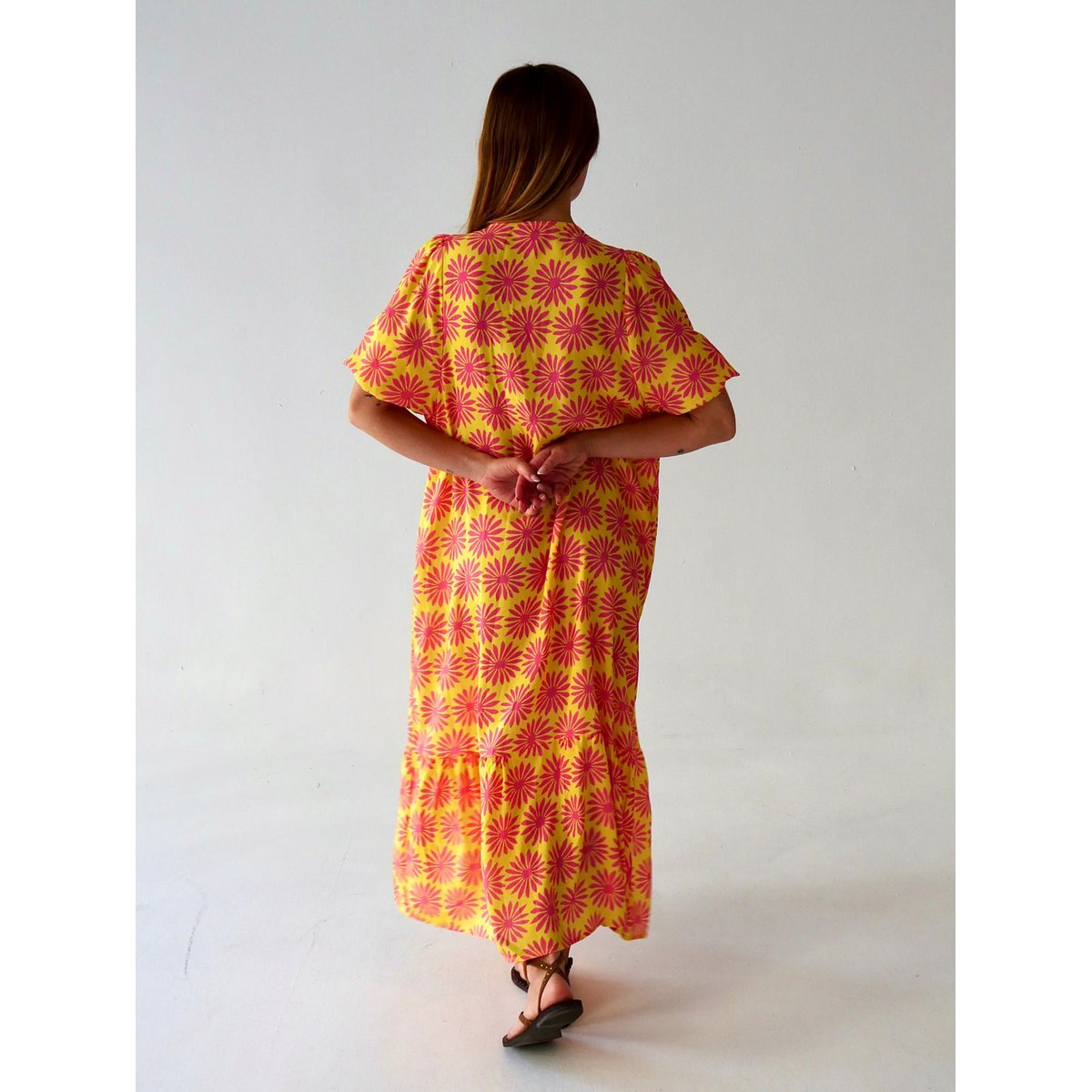 Robe longue imprimée volant MICA jaune / rose, MINDTRAVELER