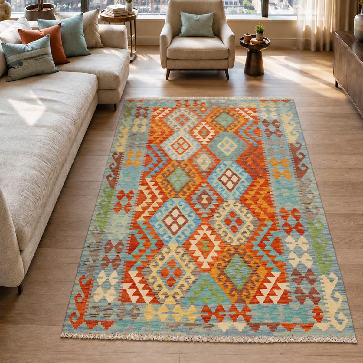 Tapis d'orient ethnique authentique, tissé plat en laine naturelle multicolore, bleu, rouge, UN AMOUR DE TAPIS
