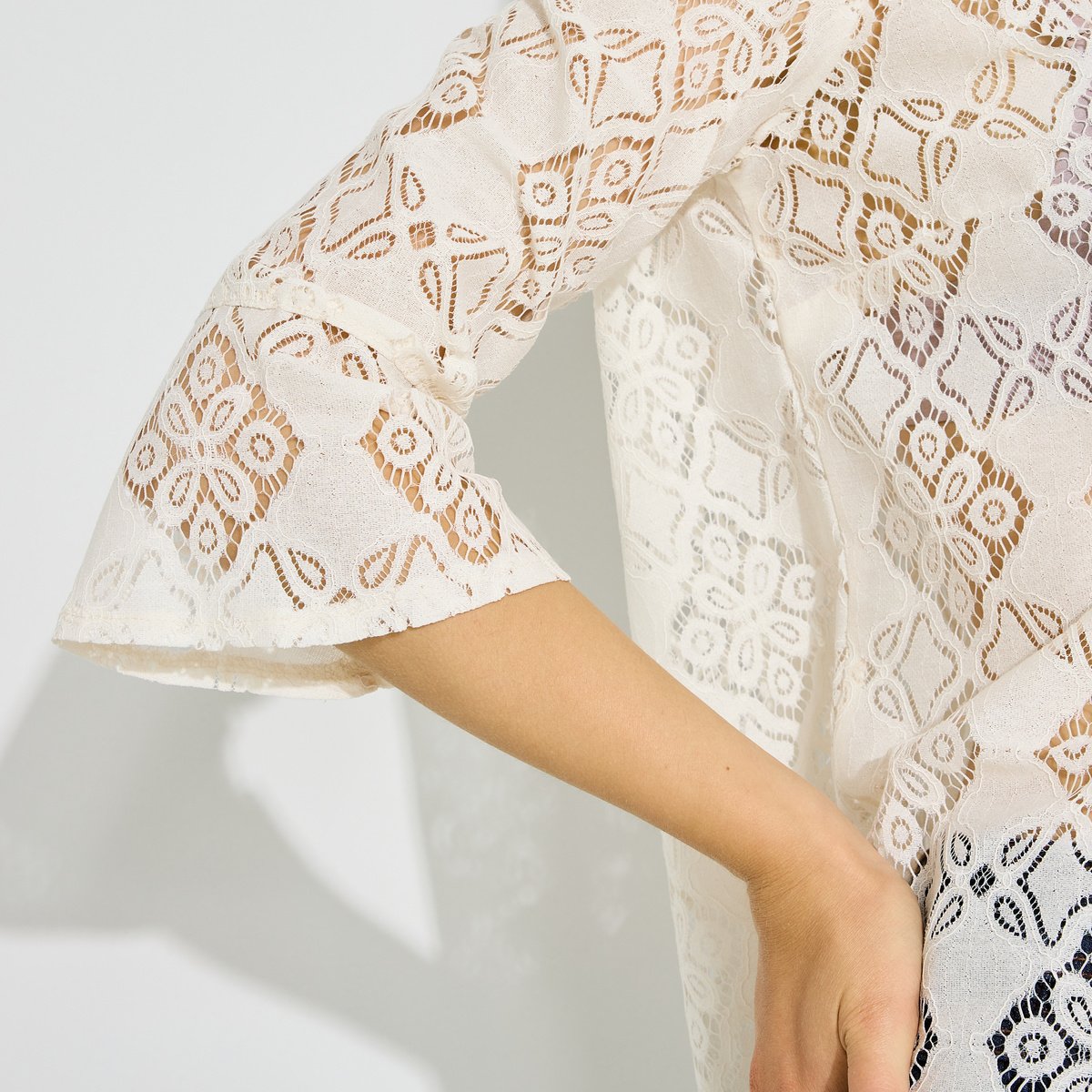 Blouse ajourée col volanté blanc cassé ecru, GRAIN DE MALICE