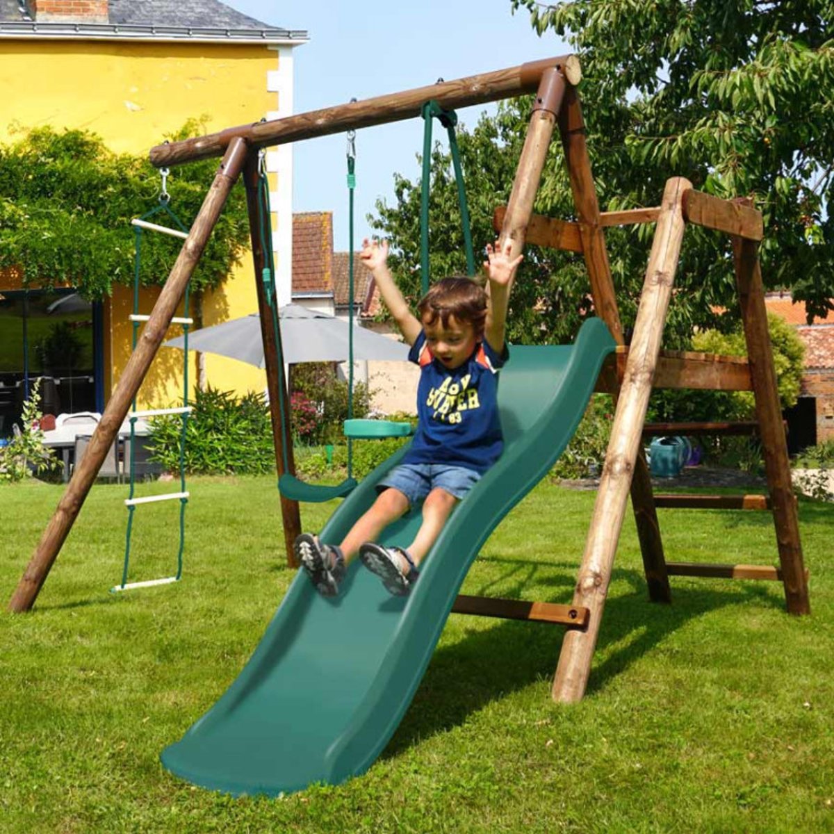 Portique en bois rond 3 agrès et toboggan MURIER marron, SOULET