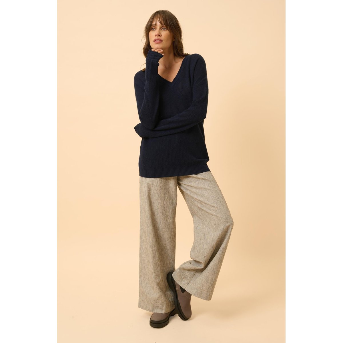 Pull Col V Navy Capucine bleu foncé, JUST CASHMERE