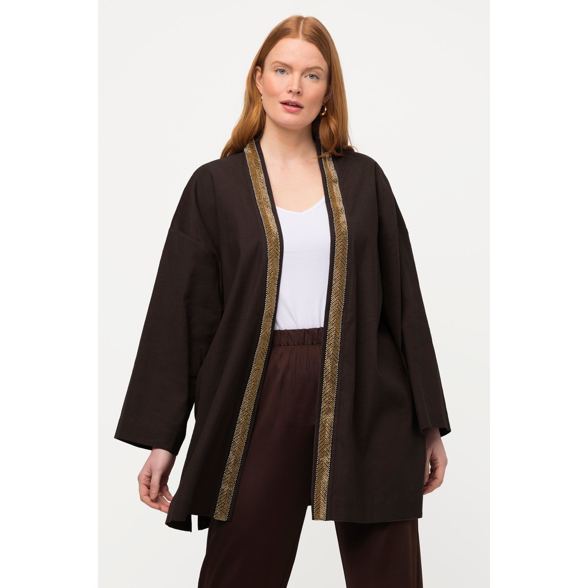 Veste kimono. Col châle. Lin mélangé. Galon marron pin, ULLA POPKEN