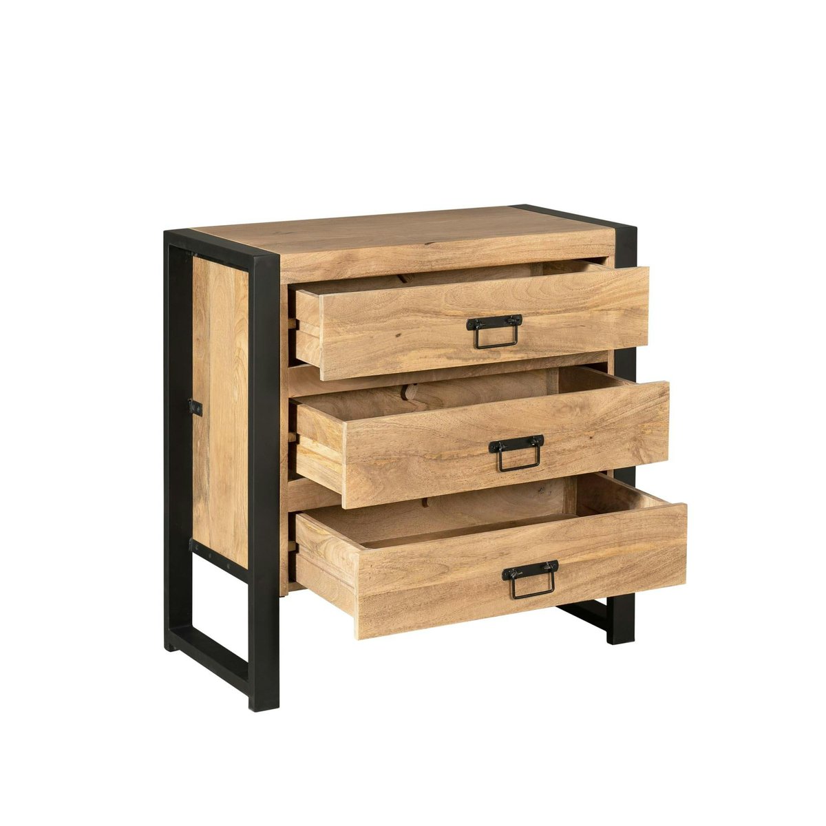 Petite commode 3 tiroirs bois clair et métal noir MILORA bois naturel, PIER IMPORT