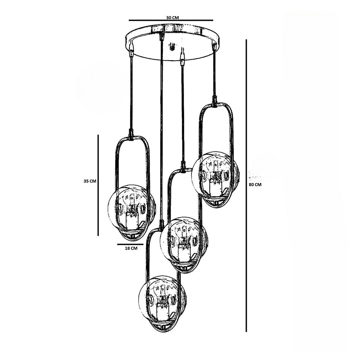 Suspension vintage cuivrée 4 globes blancs sur cadres SIERRE doré, PIER IMPORT