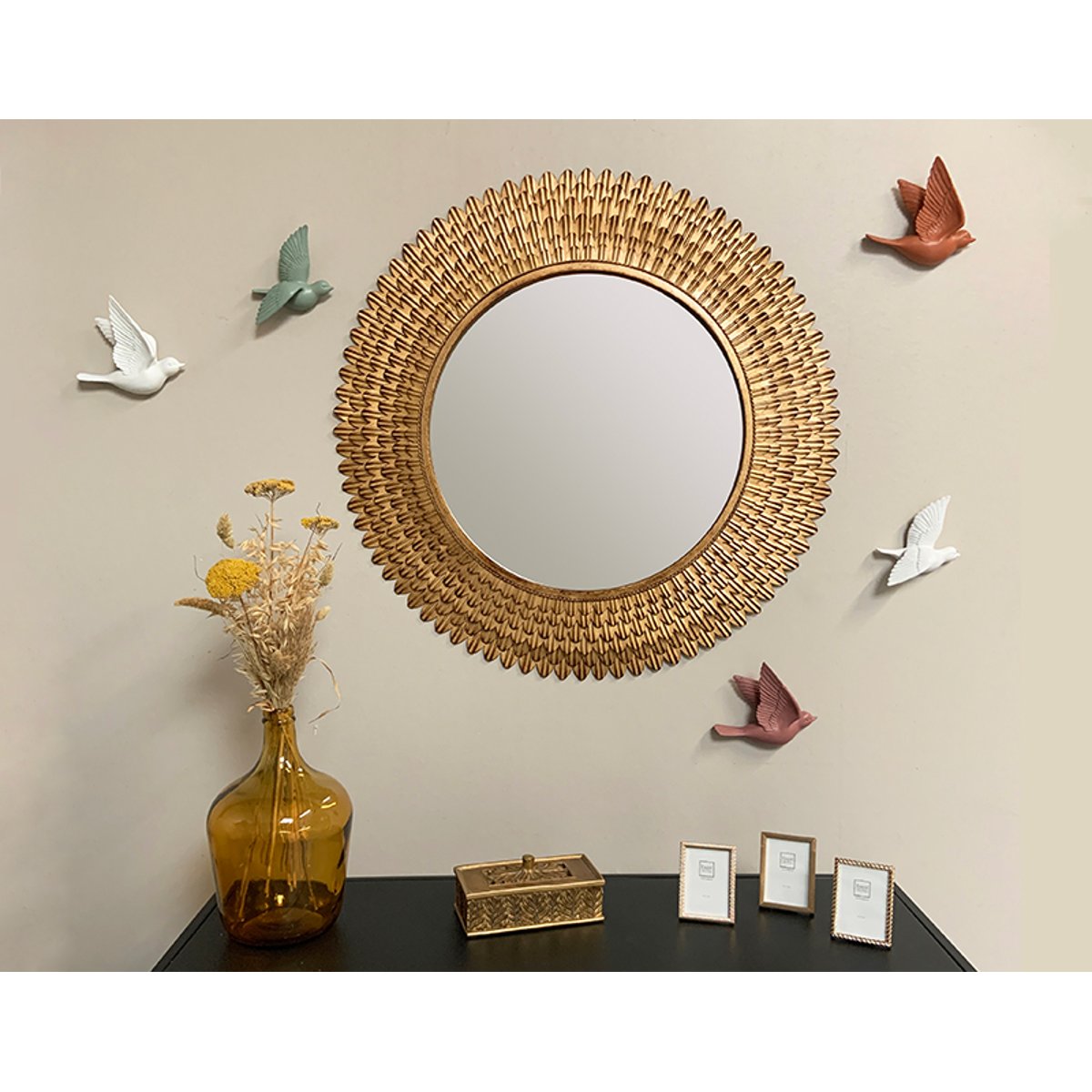 Miroir rond plumes métal 76cm or, EMDE