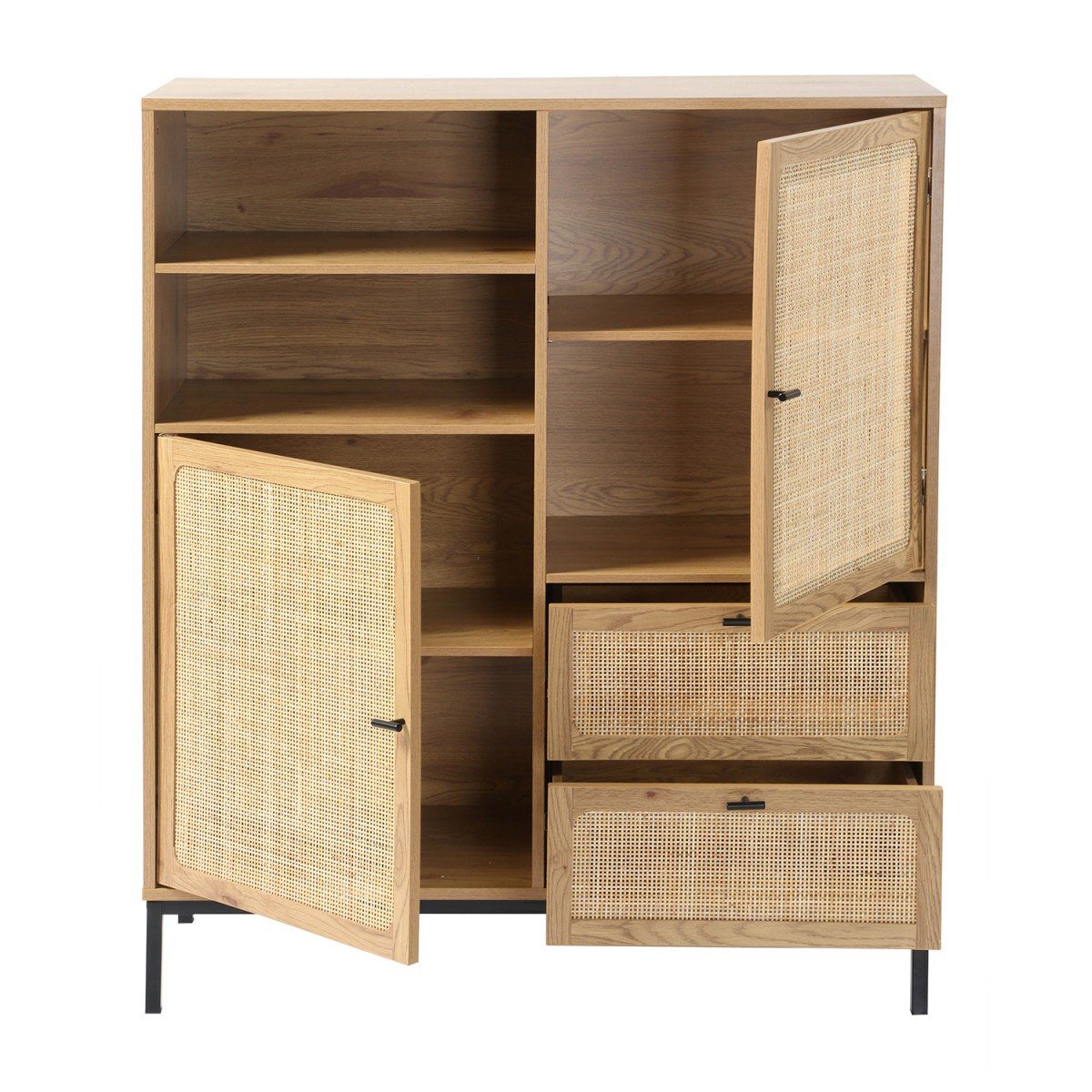 Buffet Haut avec Façades en Rotin Naturel - L100 x H120 cm - JAYA bois clair, CALICOSY