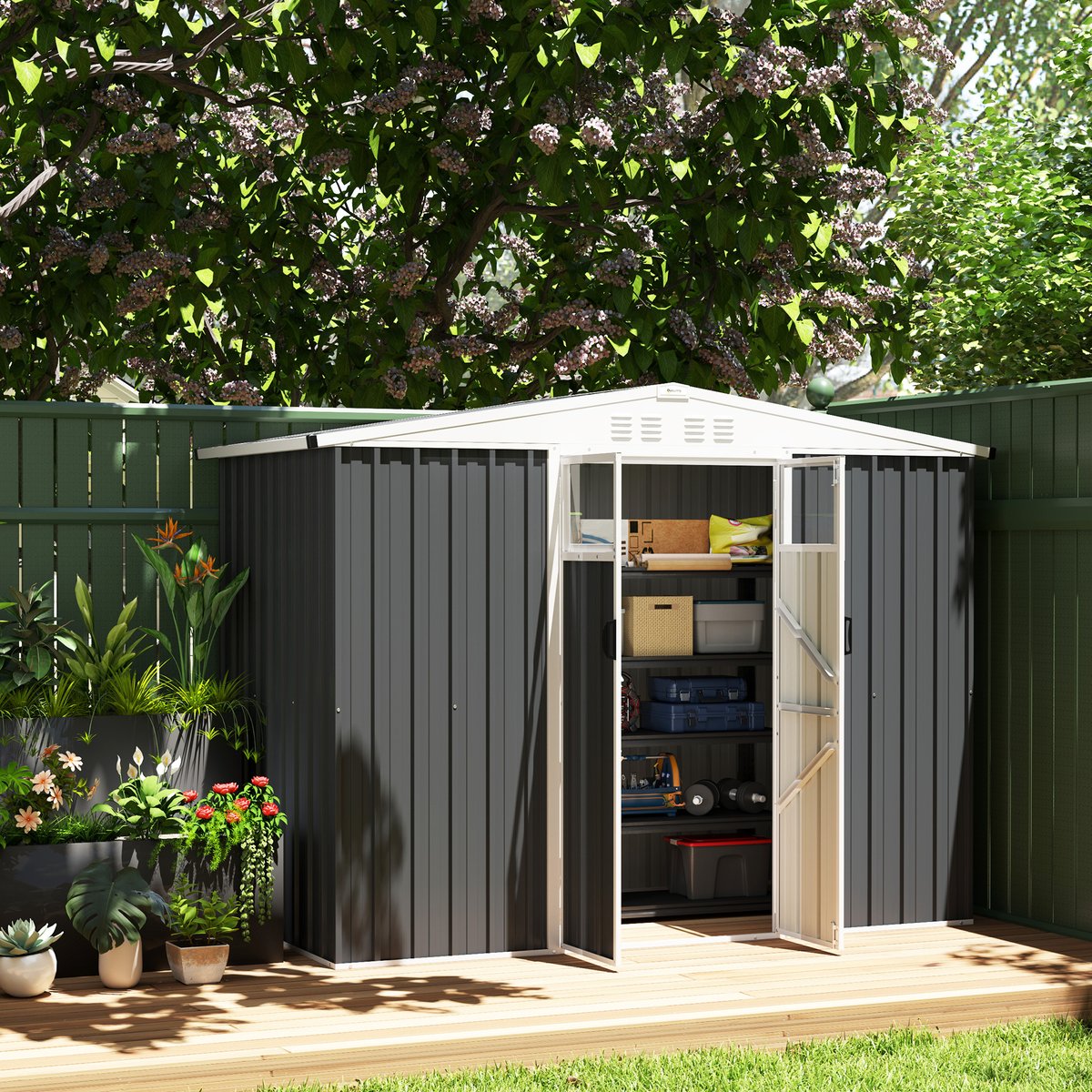Abri de jardin surface 2,7 m² - 2 portes fenêtres évents - tôle d'acier gris, OUTSUNNY