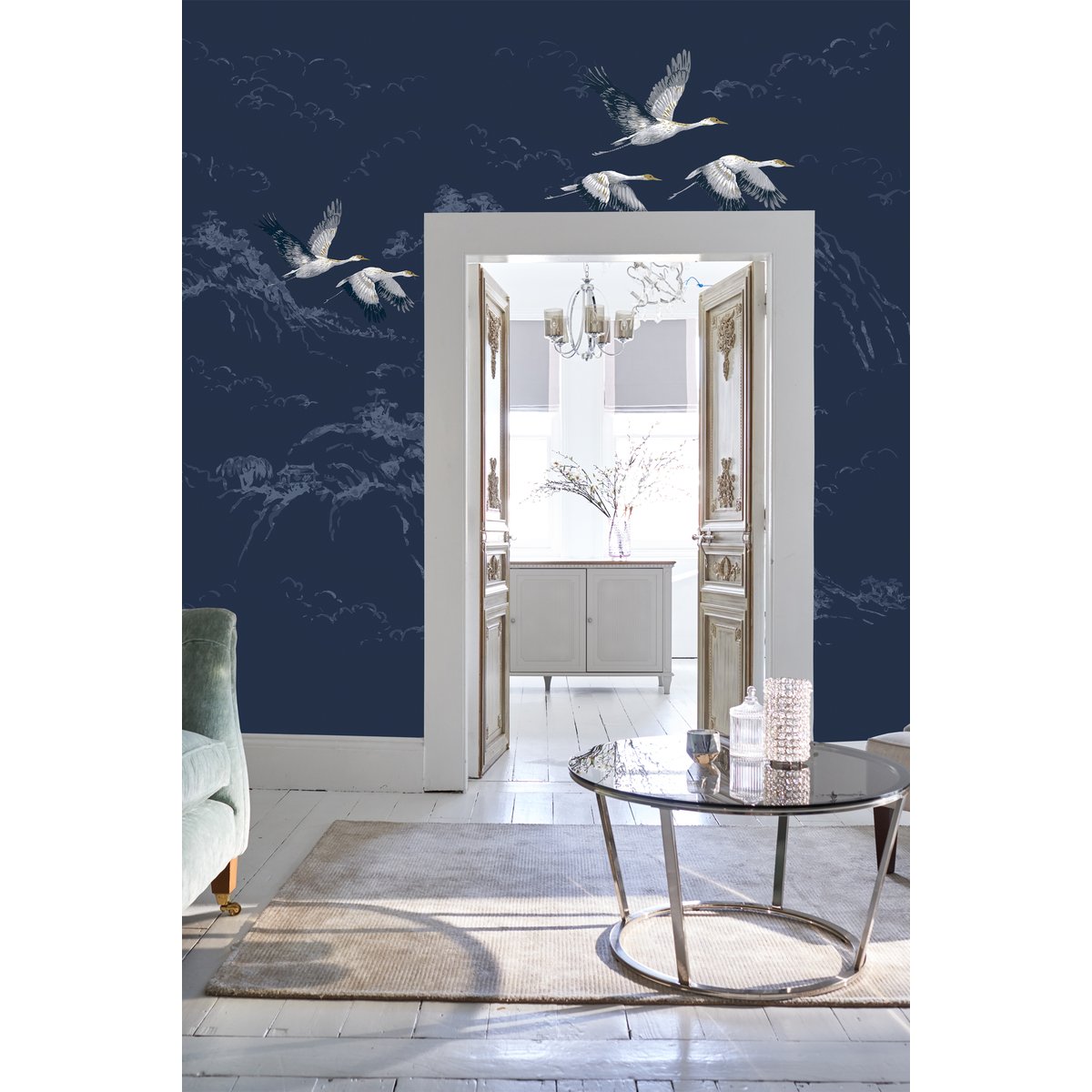 Papier peint panoramique Oiseaux Grues Animalia bleu, LAURA ASHLEY