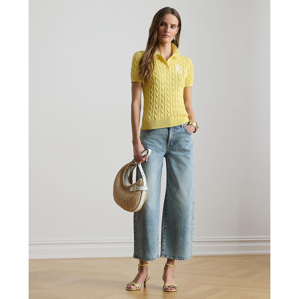 Pull manches courtes col polo en coton torsadé jaune citron, LAUREN RALPH LAUREN