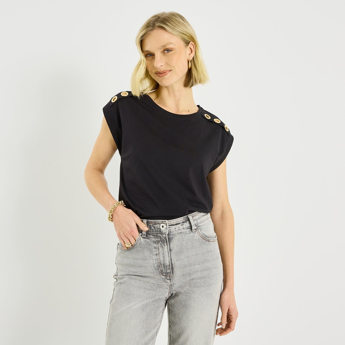 T-shirt col rond avec œillets noir, GRAIN DE MALICE