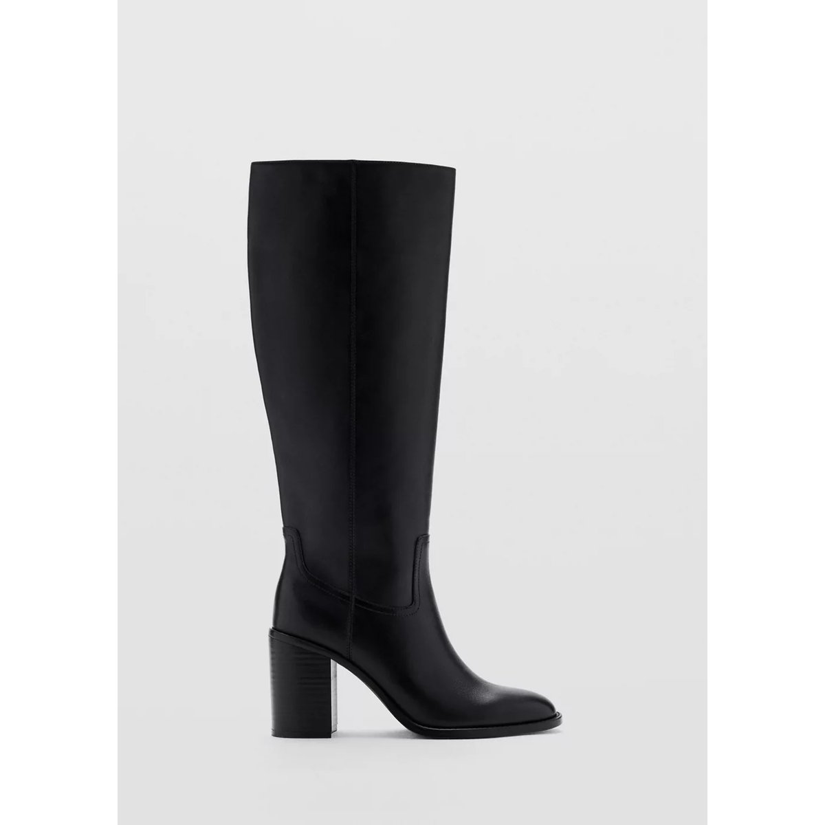 Botte haute en cuir à talon bloc noir, MANGO