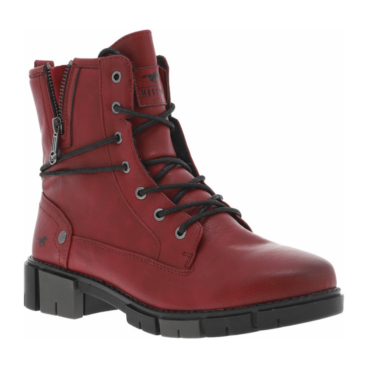 Bottines noires à talon décroché bas avec un zip des lacets ronds rouges, MUSTANG