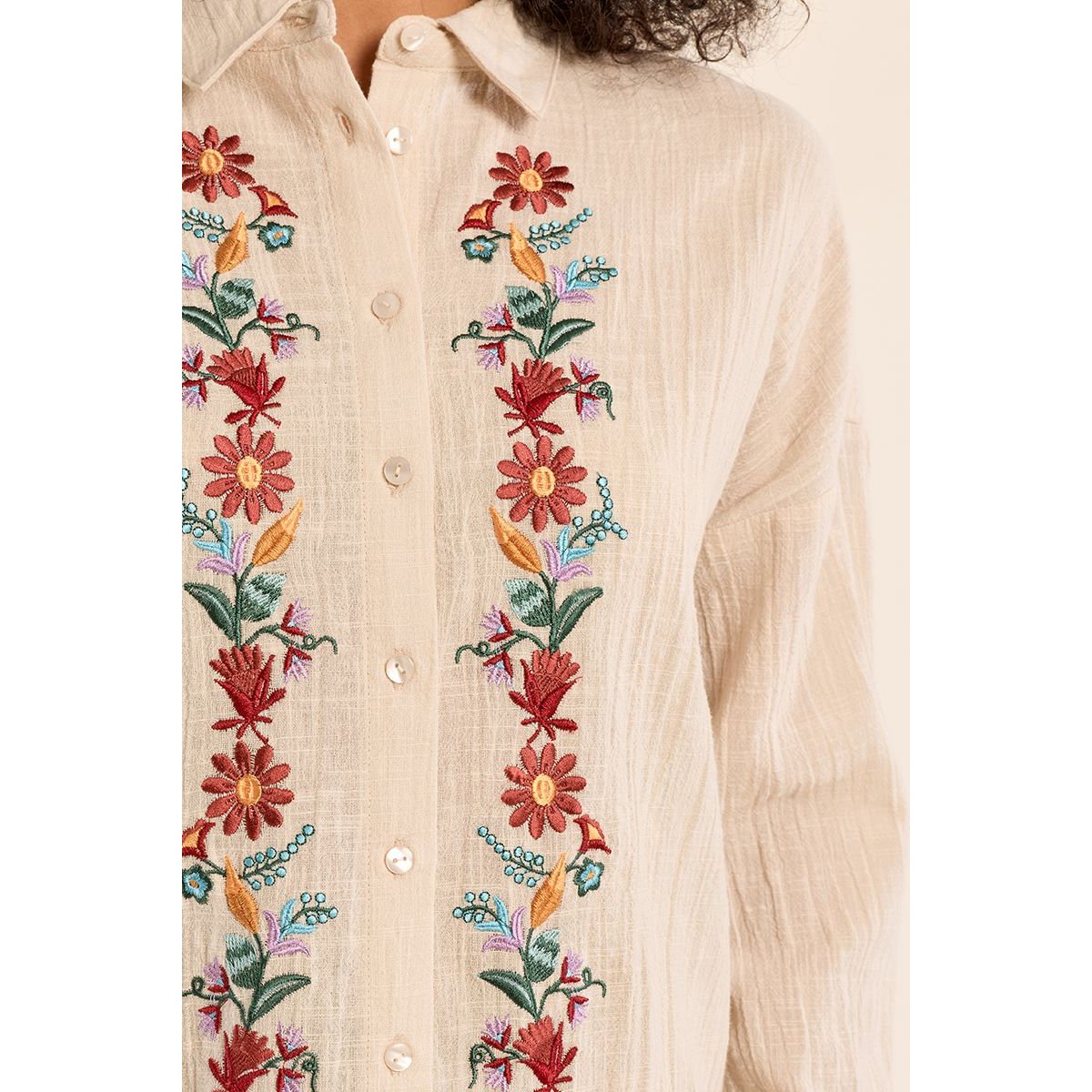 Chemise en coton, broderies florales beige, MOLLY BRACKEN