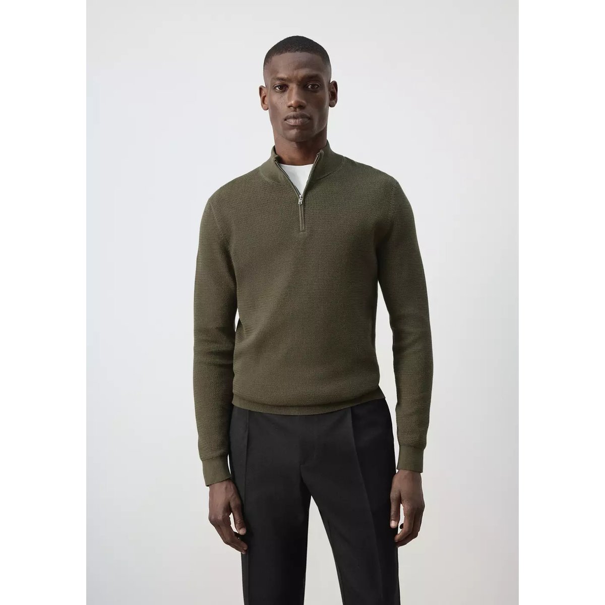 Pull-over maille fine fermeture Éclair olive, MANGO MAN