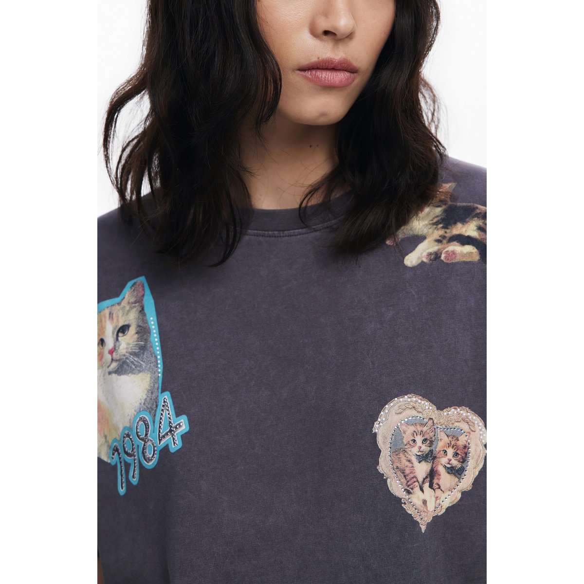 T-shirt en coton avec chats gris, DESIGUAL