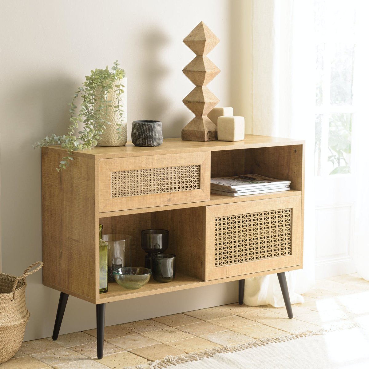 Petit buffet bois effet cannage 2 portes coulissantes ALCUDIA bois naturel, PIER IMPORT