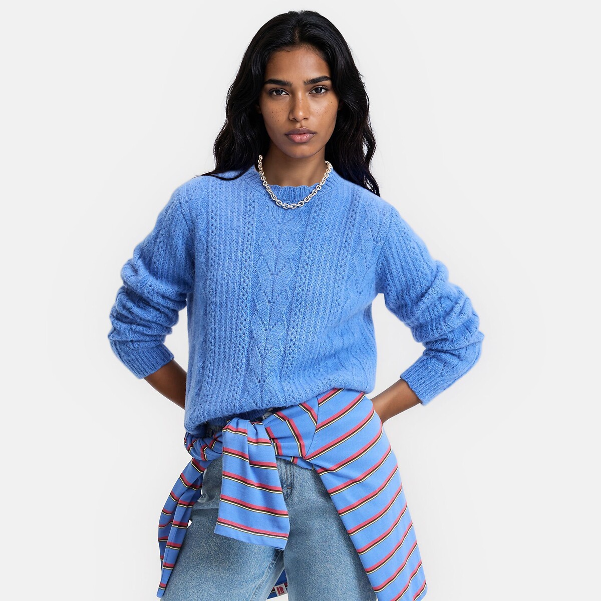 Jersey de punto calado, mezcla de lana y alpaca azul eléctrico, LA REDOUTE COLLECTIONS