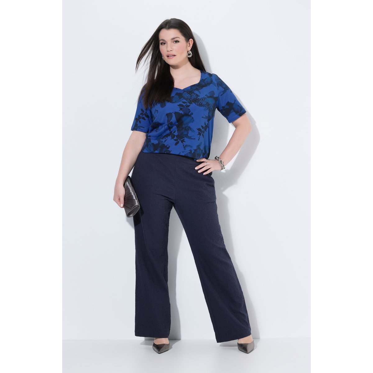 Pantalon, texture, jambe évasée marine foncé, ULLA POPKEN