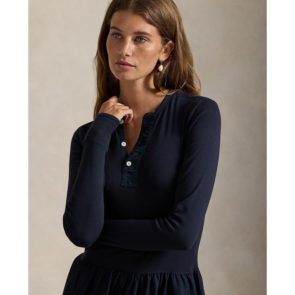 Robe longue évasée à manches longues marine, POLO RALPH LAUREN
