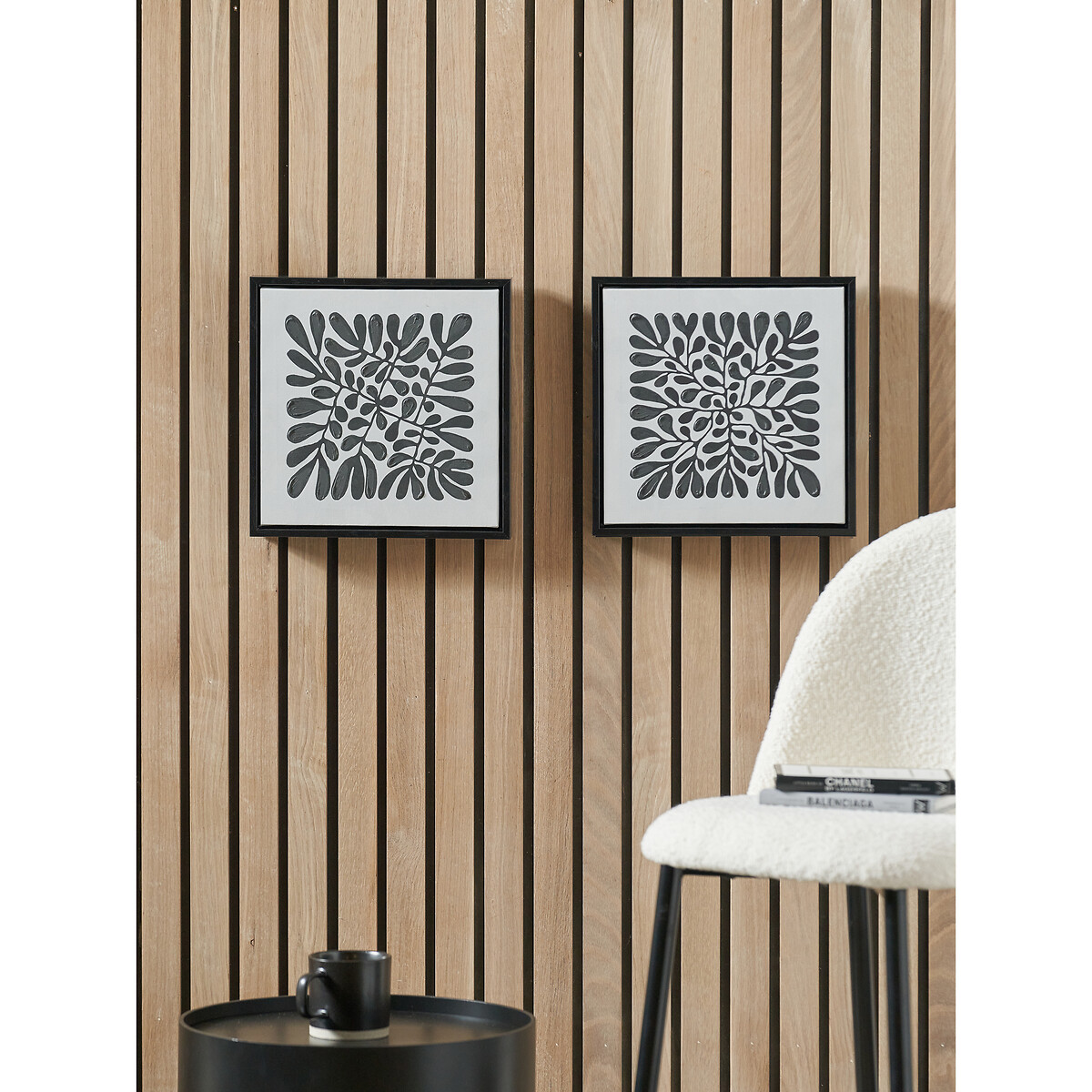 Set of 2 30 x 30cm Black Leaf Print Square Canvases with Black Frames black/white, ÉDITÉ