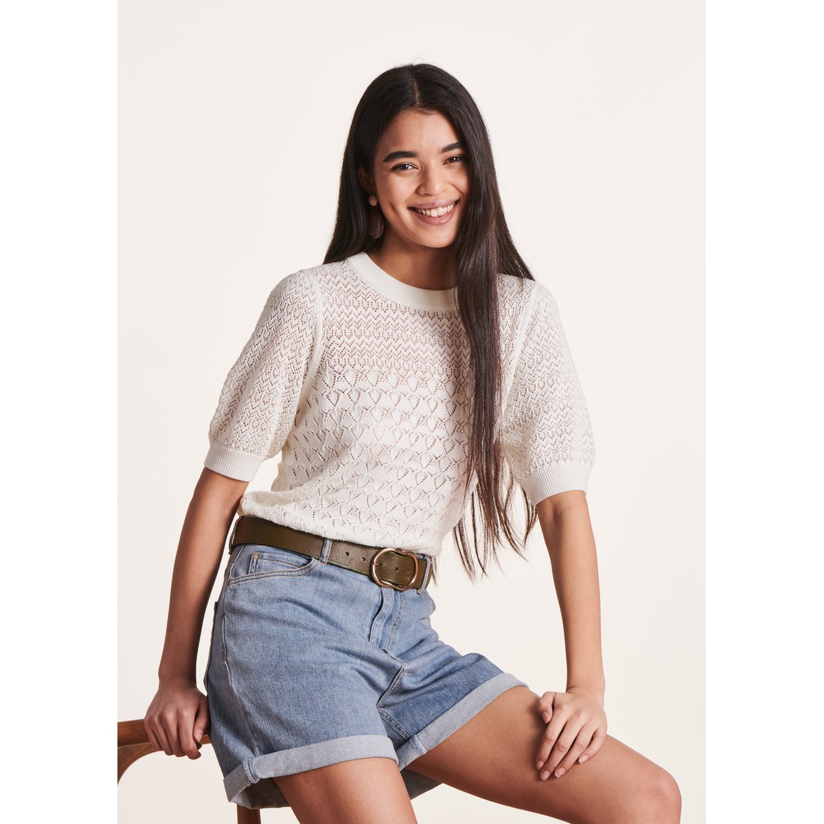 Pull manches courtes en maille pointelle ecru, LA FEE MARABOUTEE