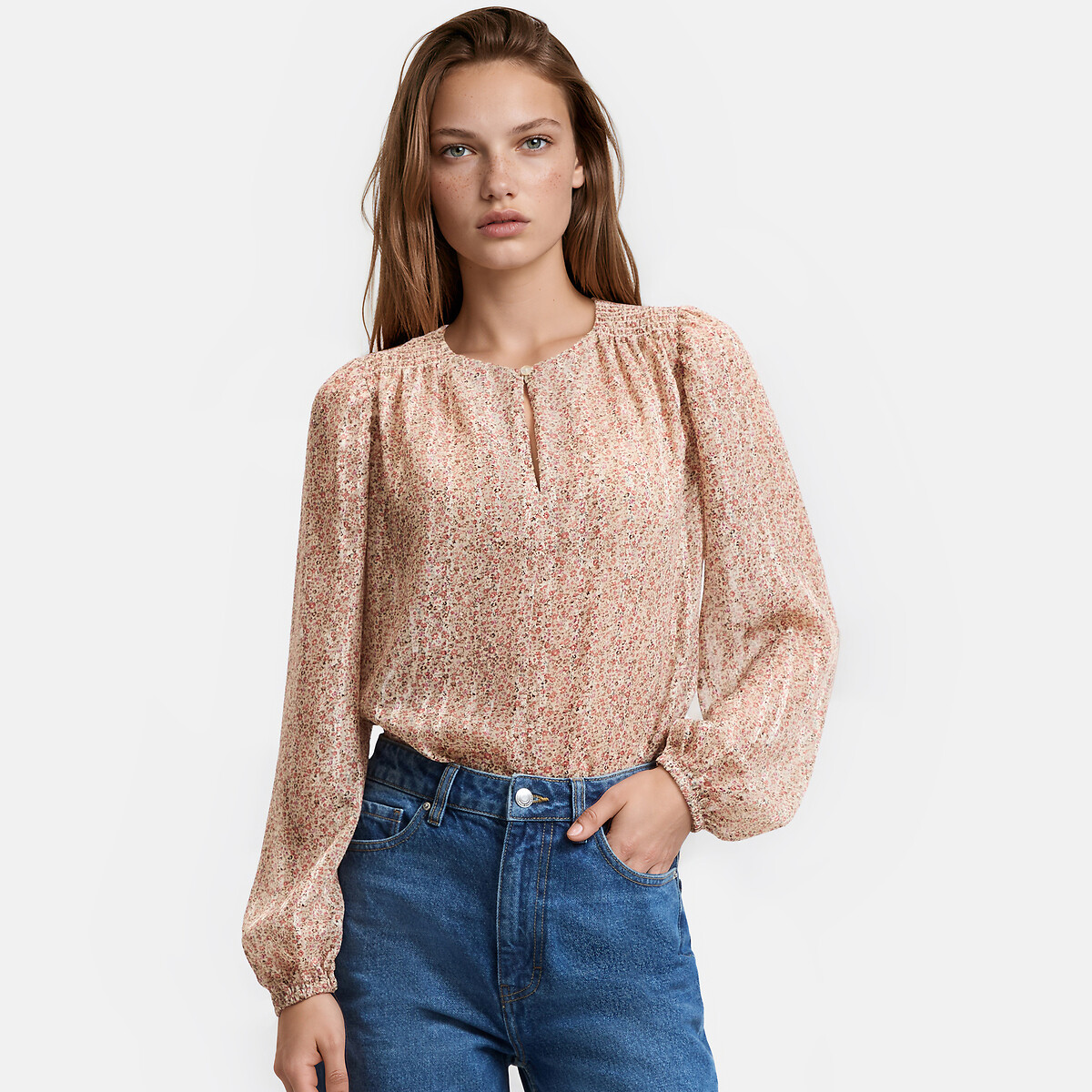 Blouse col rond imprimé floral manches longues imprimé fleuri rose, LA REDOUTE COLLECTIONS