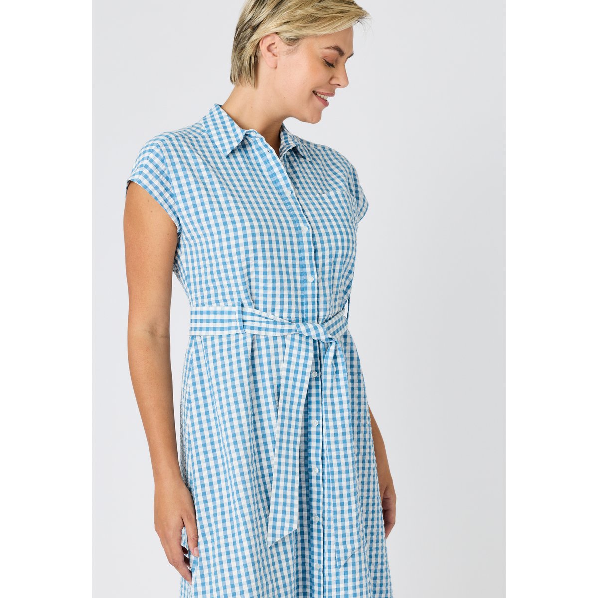 Robe-chemise tissu gaufré bleu petits carreaux, DAMART