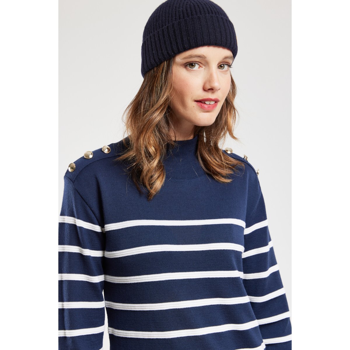 Robe rayée Mona en laine evening blue/nature h23, TERRE & MER
