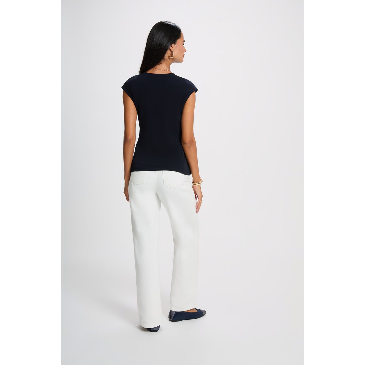 Top sans manches col v bleu marine, MORGAN