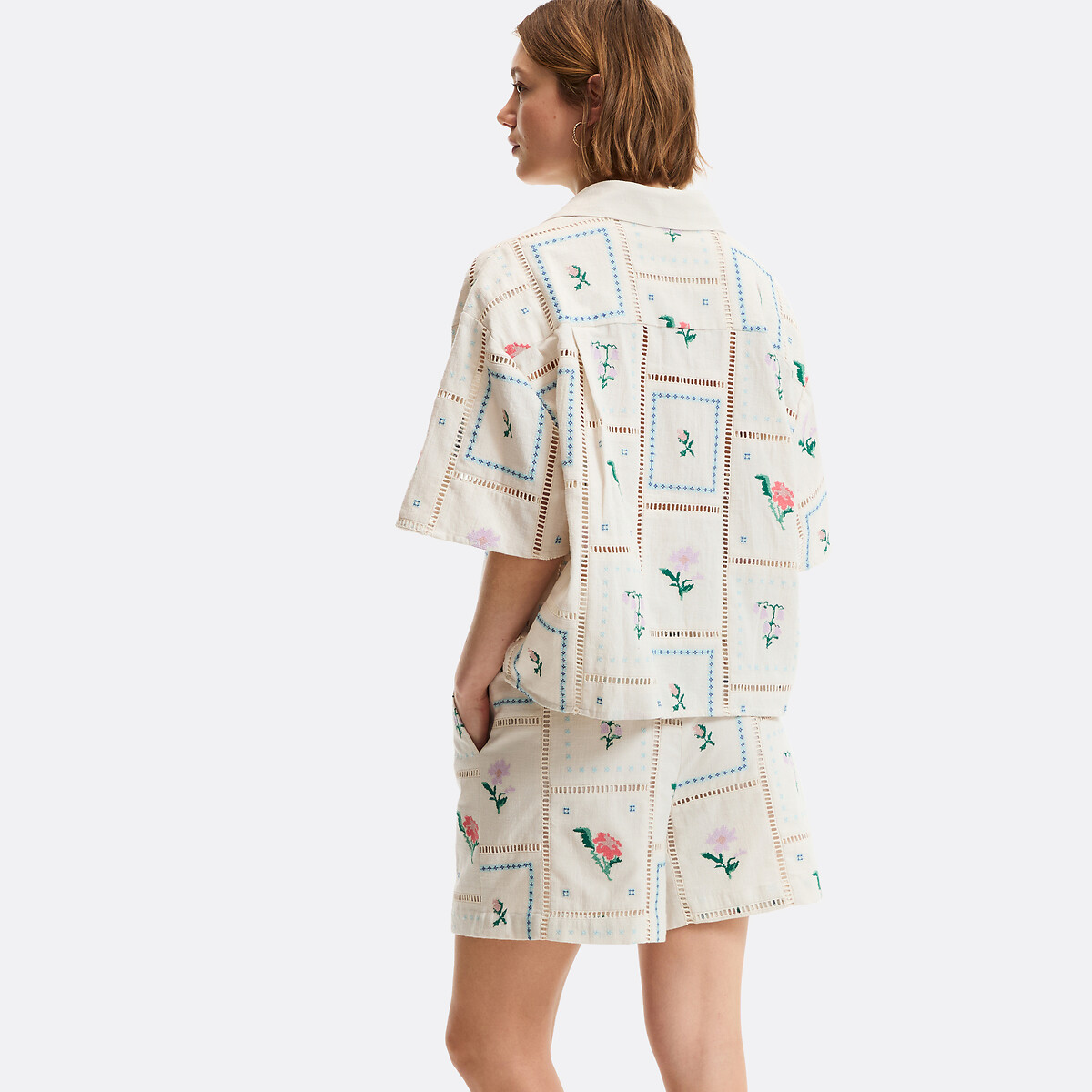 Chemise manches courtes brodée et ajourée ivoire brodé, LA REDOUTE COLLECTIONS