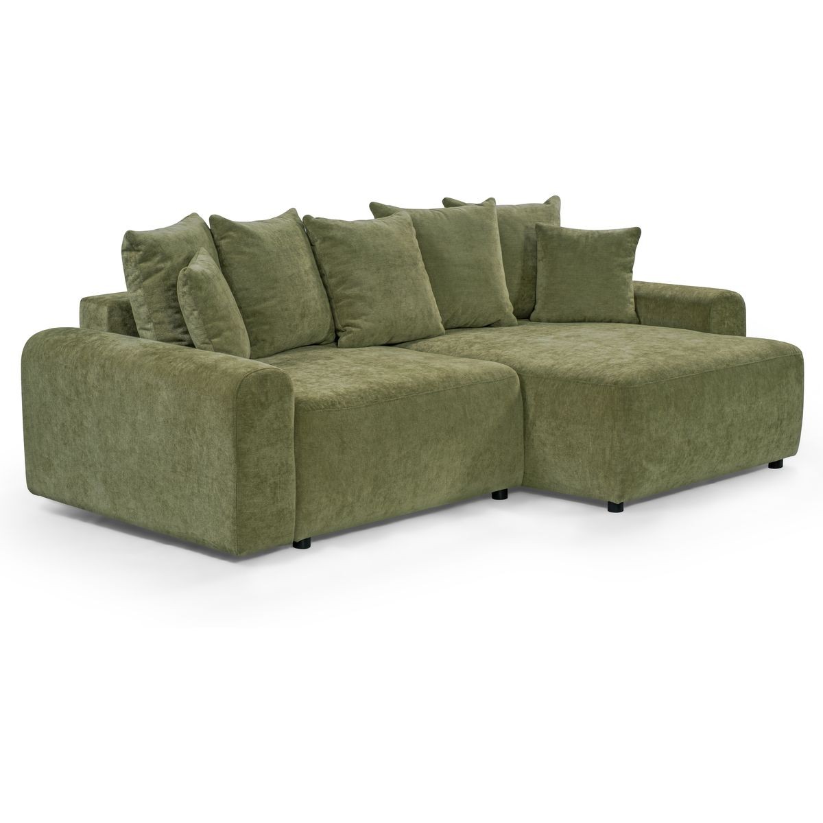 Canapé d'angle convertible réversible 4 places avec coffre de rangement en tissu chenille - MONCEAU vert olive, HOMIFAB