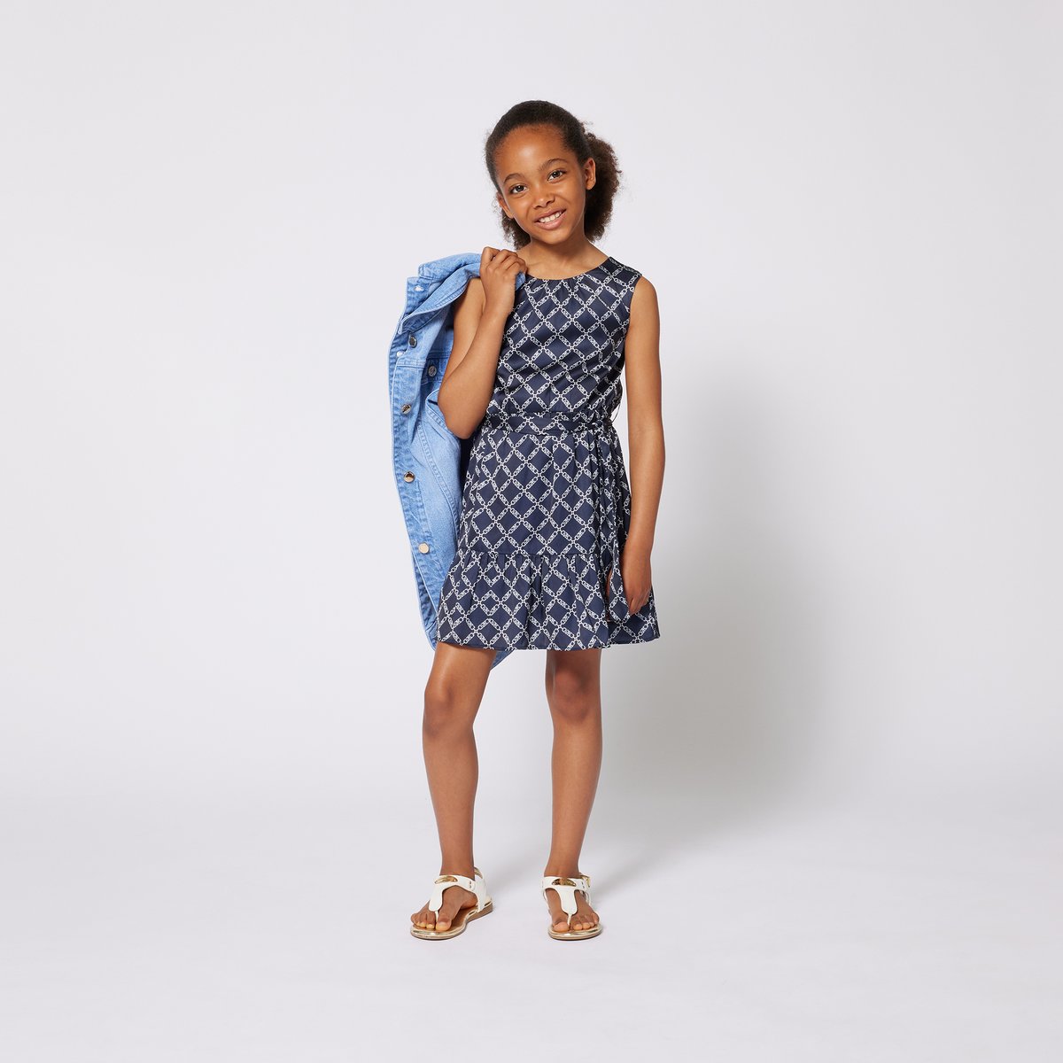 Robe sans manche en satin marine blanc, MICHAEL KORS