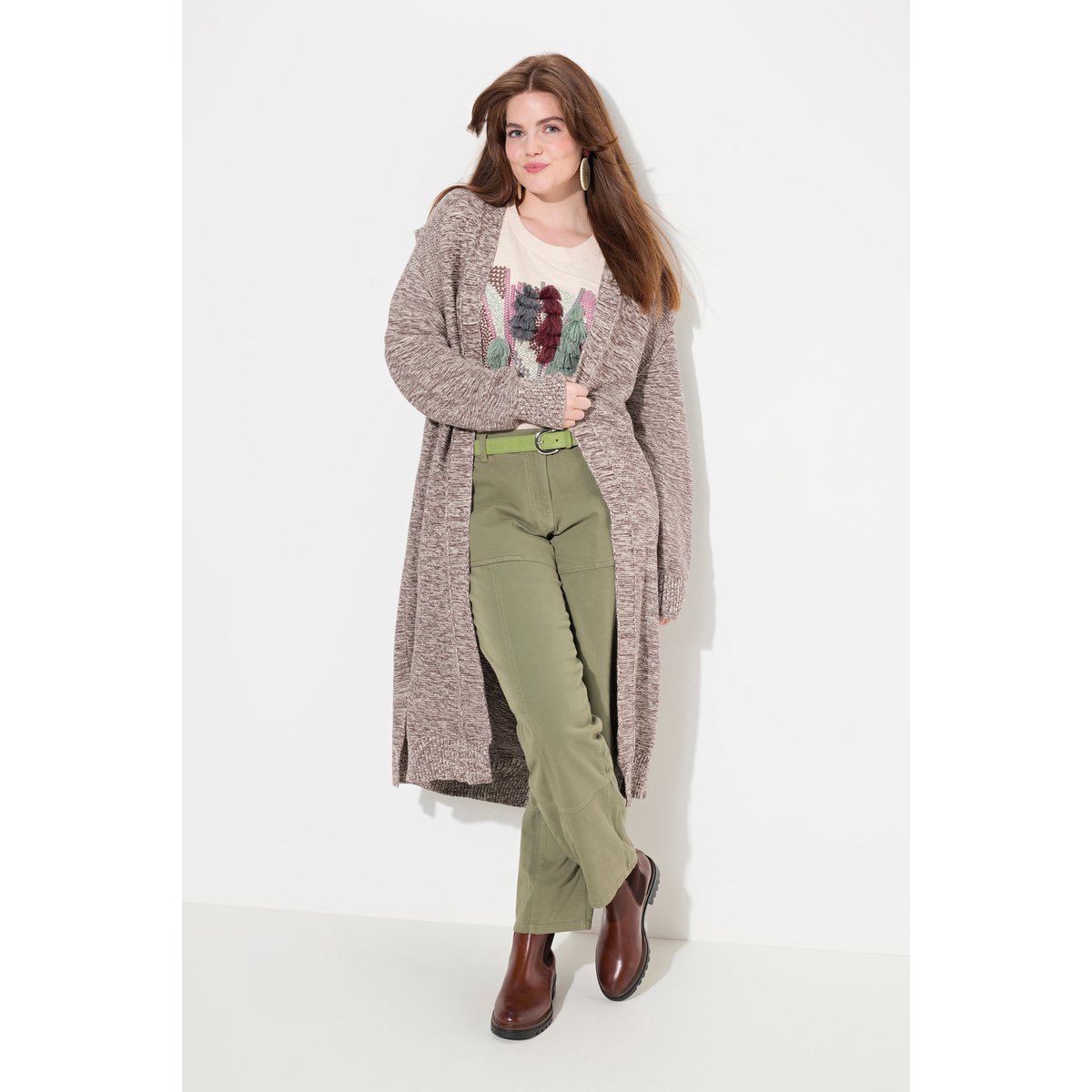 Cardigan long en maille de coton bio taupe foncé, ULLA POPKEN