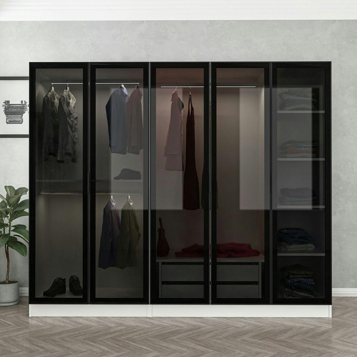 Armoire dressing design blanc 5 portes verre H 210 cm BYRON blanc, PIER IMPORT
