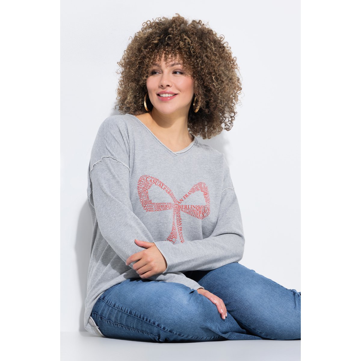 Sweat-shirt oversize, motif grand nœud gris clair chiné, ULLA POPKEN