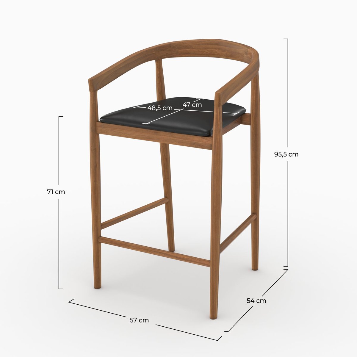 Lot de 2 chaises de bar 77 cm en bois de teck vernis et assise en cuir - BALI noir, MAISON PAVANE