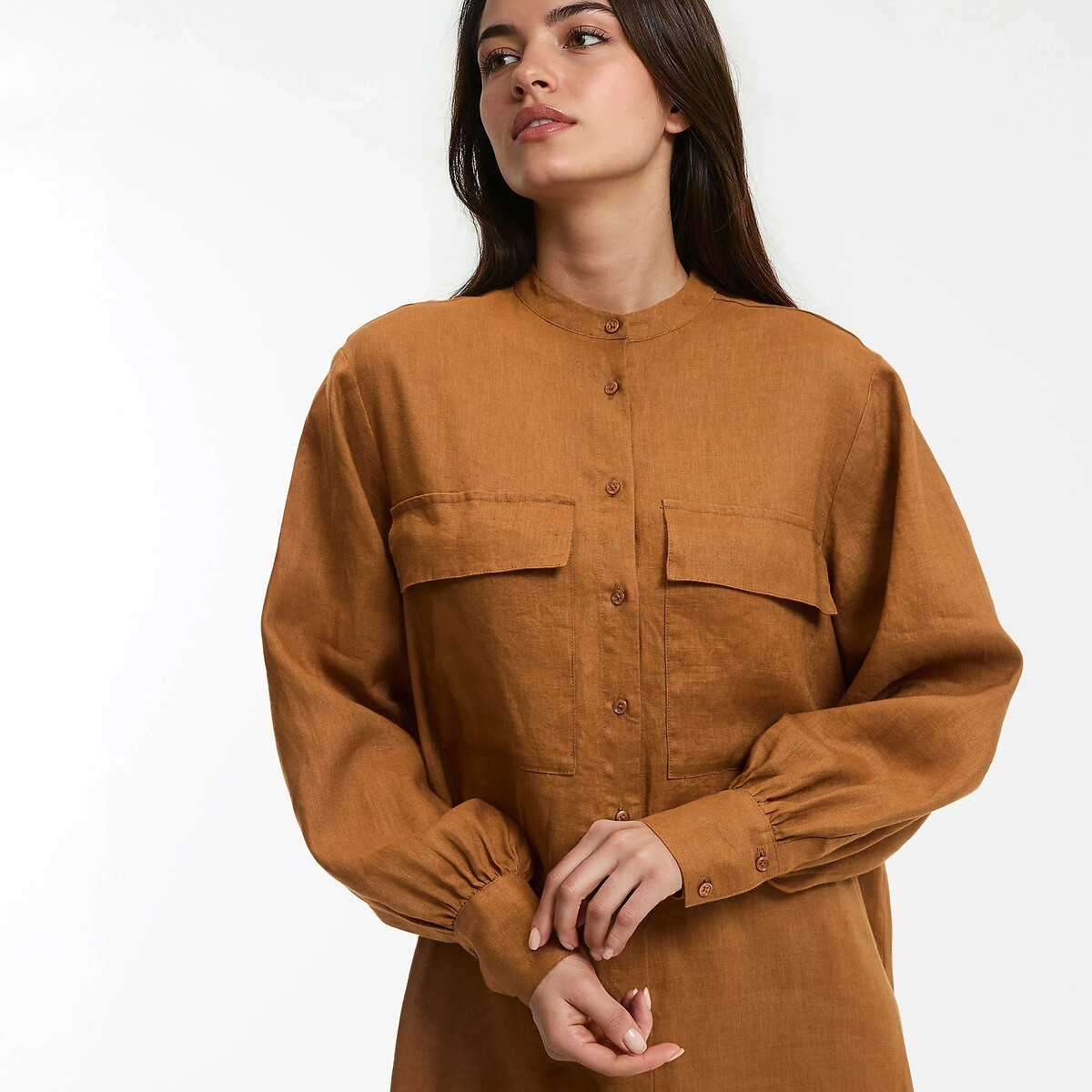 Robe droite en lin, longue, manches longues marron camel, LA REDOUTE COLLECTIONS