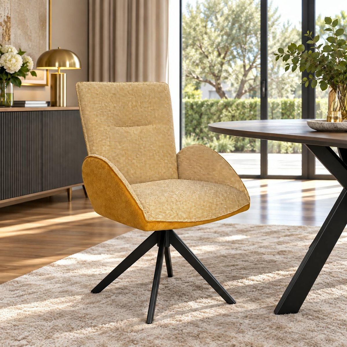 Fauteuil de table pivotant tissu bi-matière (lot de 2) AGADE moutarde, PIER IMPORT