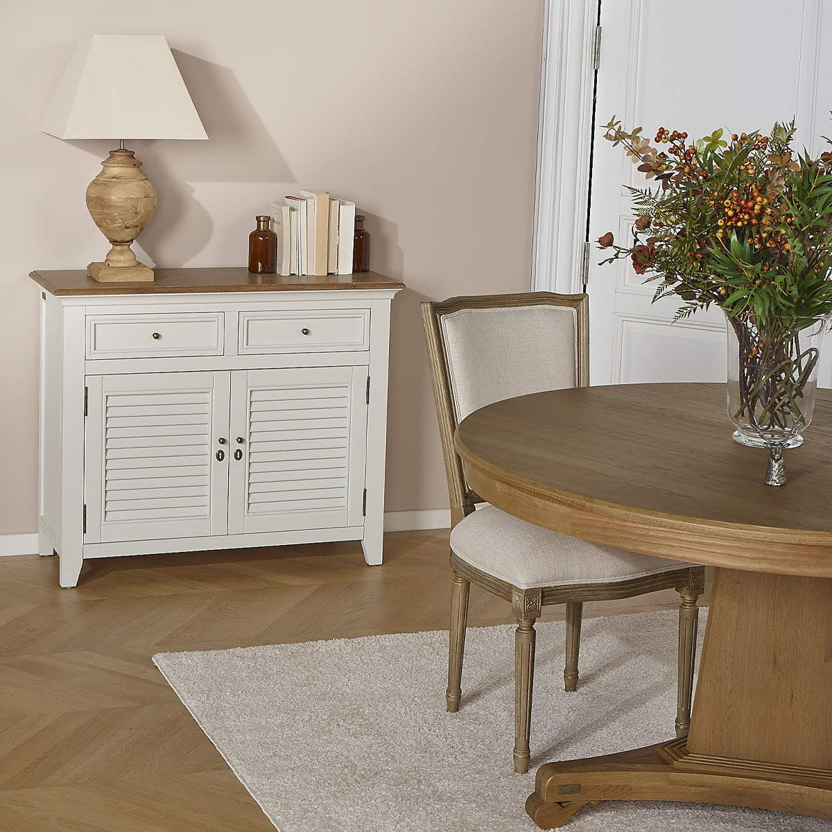Buffet style shabby chic, plateau en chêne, 2 tiroirs, 2 portes EDEN blanc, ROBIN DES BOIS