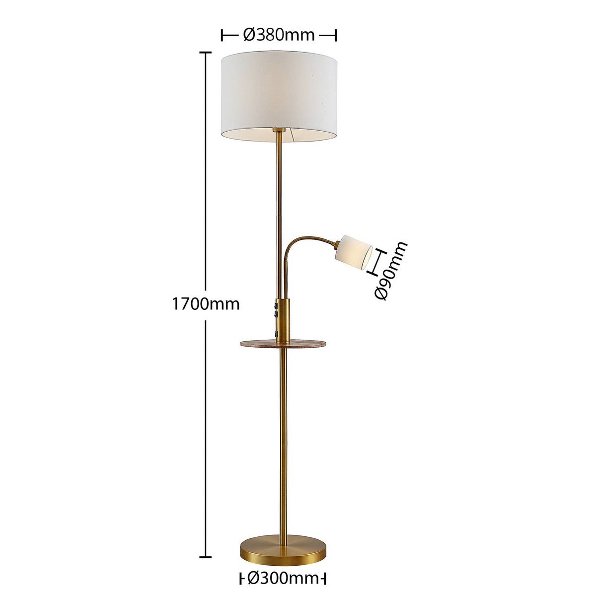 Lampadaire en métal moderne, Aovan bronze, blanc crème, bois foncé, LINDBY