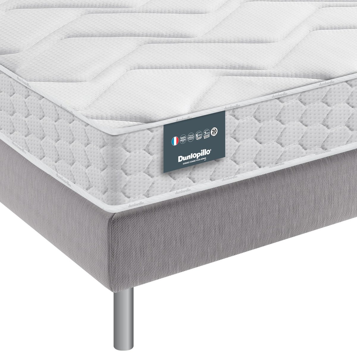 Matelas Aérial® 20cm, sommier pieds JONQUILLE blanc, DUNLOPILLO