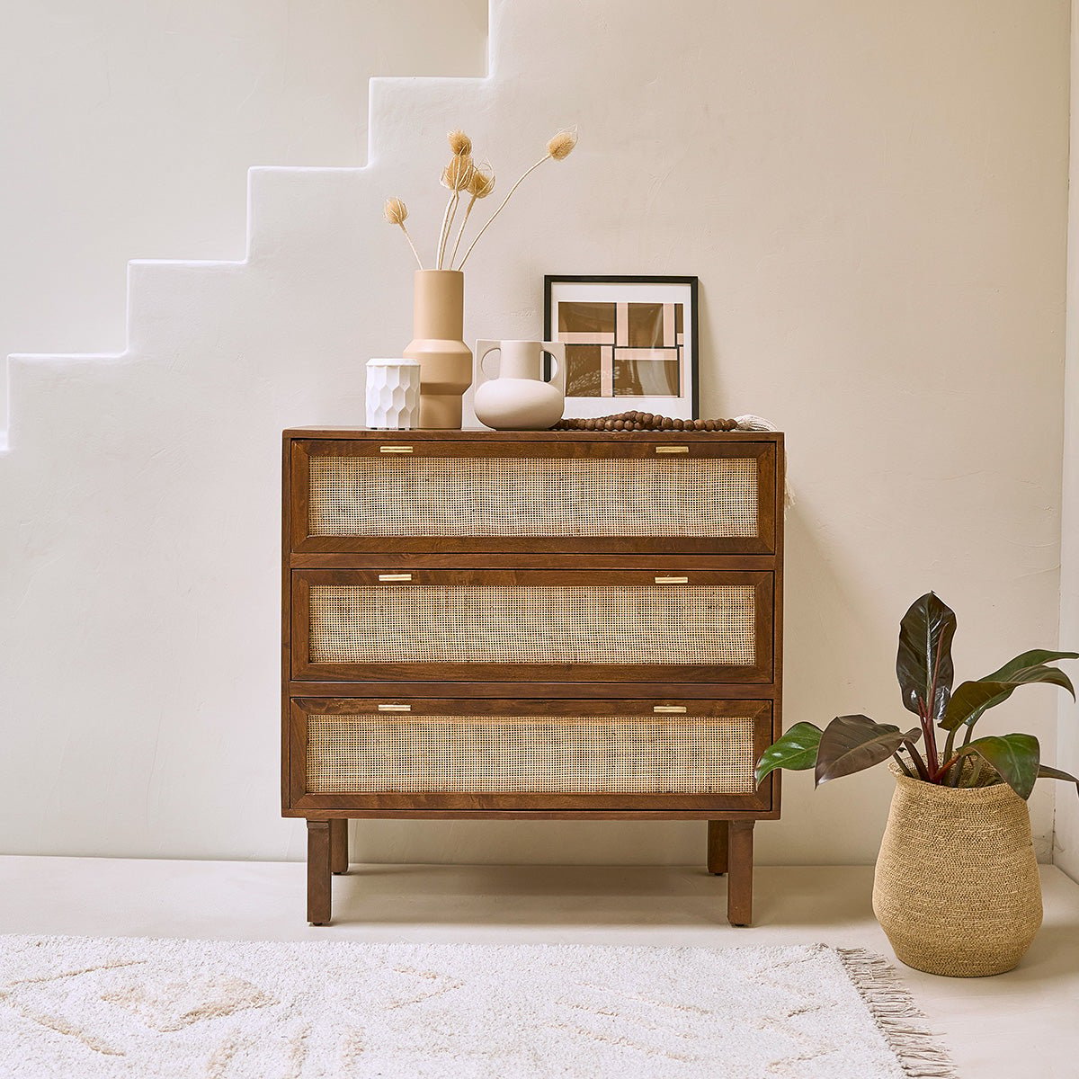 Commode en bois et cannage 90 cm 3 tiroirs RAPHAEL marron, BERAH GETAH