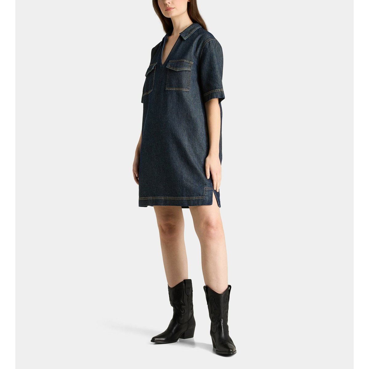 Robe digue droite et courte en denim de coton bleu foncé, GALERIES LAFAYETTE