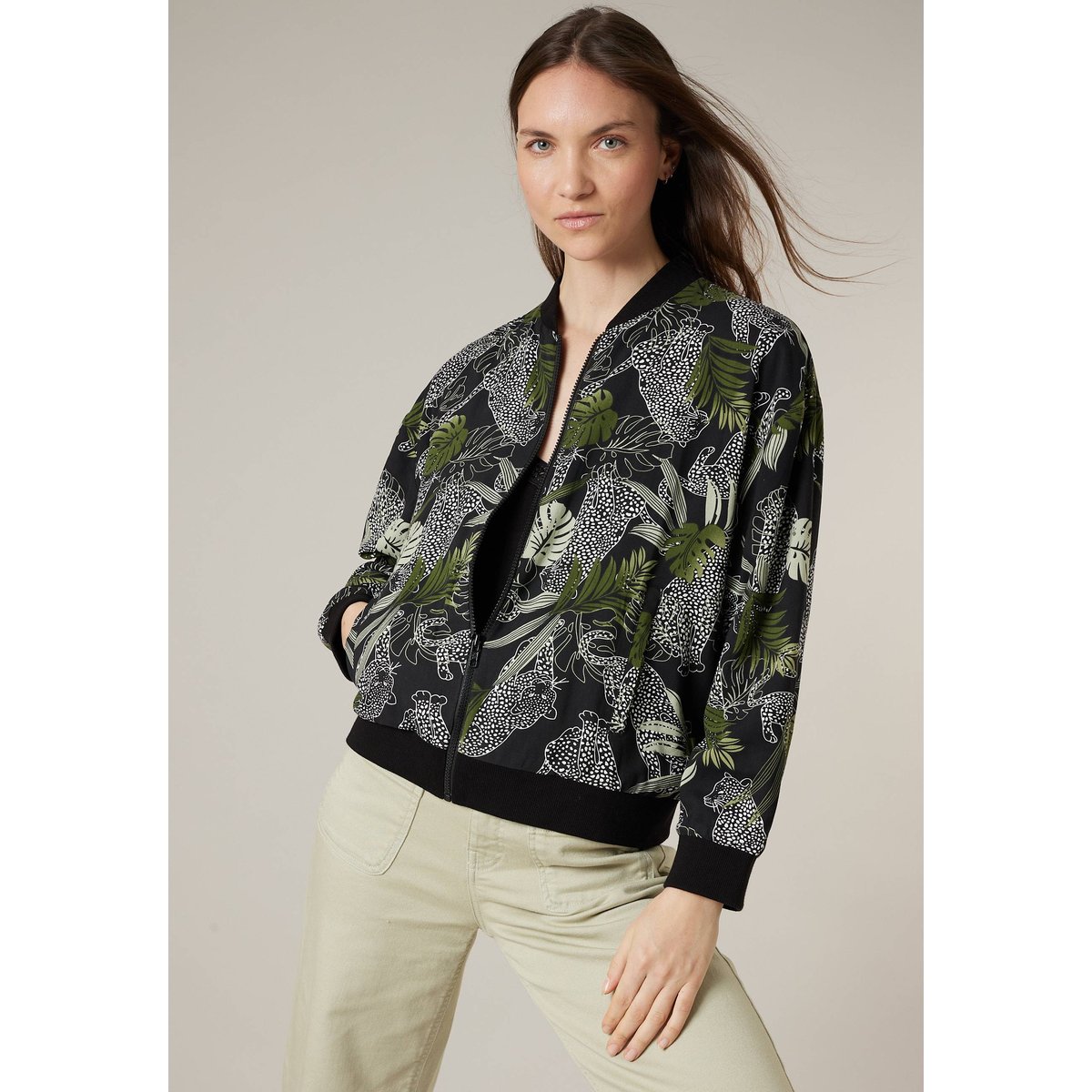 Veste femme légère imprimé tropical et animalier BEALICE black, DEELUXE