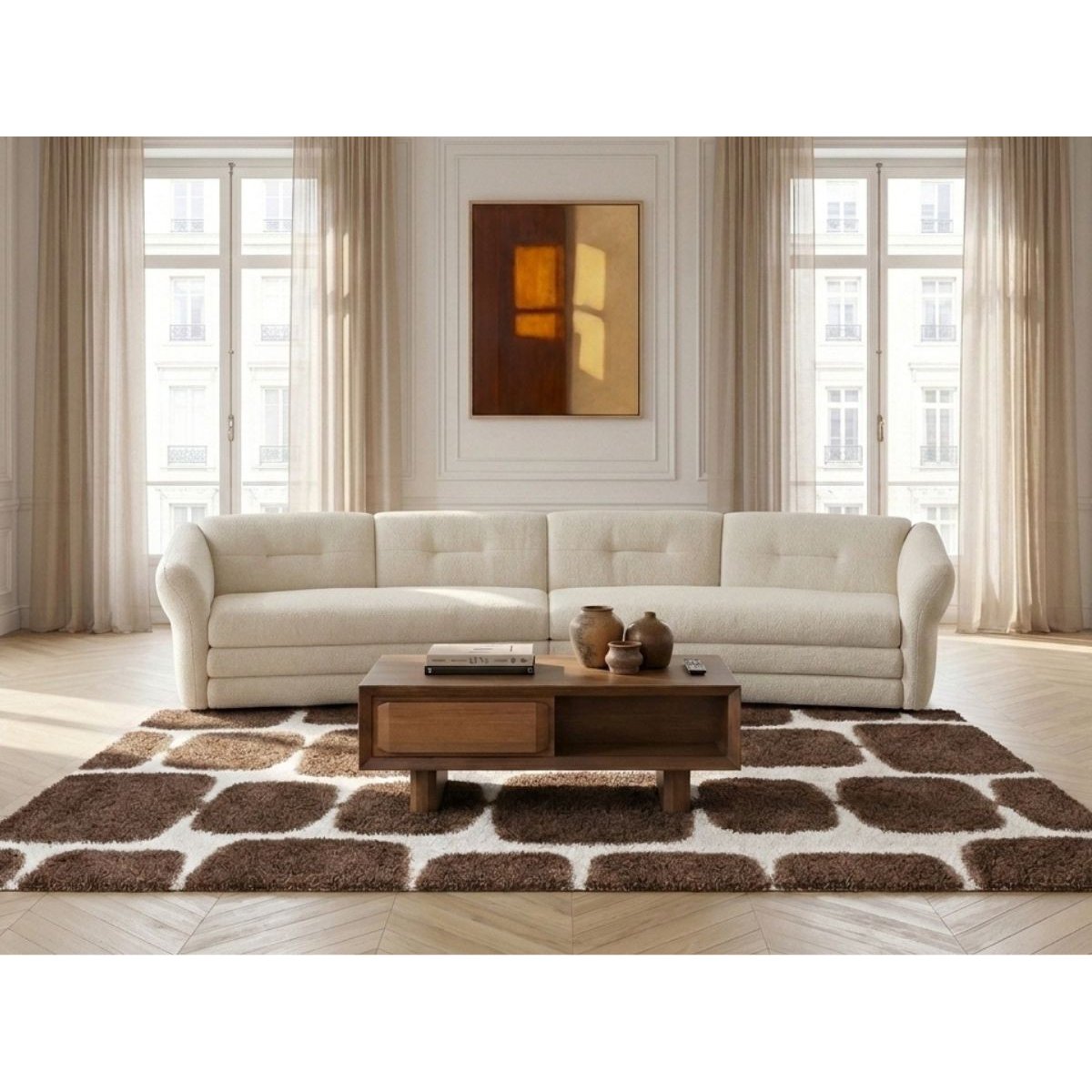 Canapé droit fixe 4 places en tissu chiné, MARBLE beige, BOBOCHIC