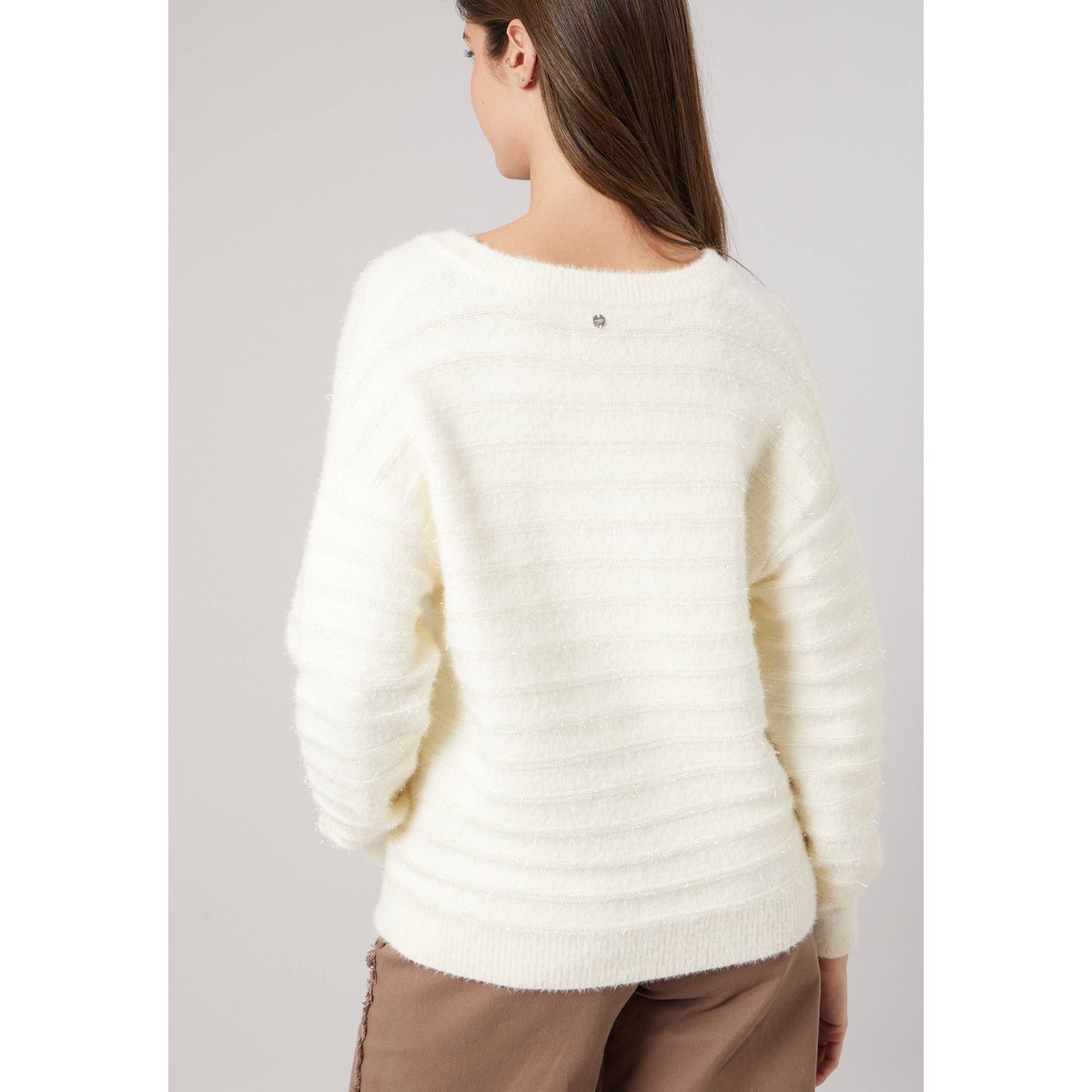 Pull femme ample duveteux rayures brillantes MILIENA off white, DEELUXE